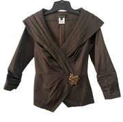 Tadashi Shoji Womens Sz 4 Jeweled Brown Faux Wrap Taffeta Blouse Back Zip