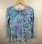 Lilly Pulitzer Ramona Sweater Size XS Blue Tang Gang Fringe Preppy Vacation
