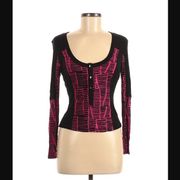 Vince Top M Long Sleeve Scoop Neck Henley Cropped Black Hot Pink Design Buttons