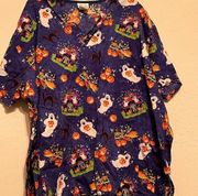 2x Halloween black cat ghost pumpkin jack o lantern scrub top shirt