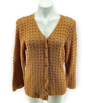 Kenar Women’s Tan Hand Knit Bead Embellished Button Front Cardigan Sweater Large