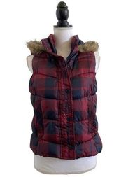 Arizona Jean Co. Buffalo Plaid Faux Fur Hooded Puffer Vest Blue & Red Sz Medium