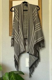 Gray Stripe Knit Vest with Fringe / Grey & white light weight cape wrap