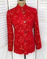 Chicos Floral Chenille Jacquard Brocade Mandarin Style Jacket Red Small