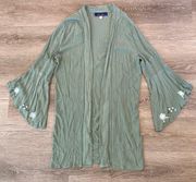 Green Flora Embroidered Open Front Long Cardigan Women’s Size Medium