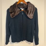 Nine West NWT Vintage Y2K Faux Fur Collar Ribbed Knit Open Cardigan