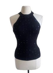 VINTAGE BANDOLINO Black Sequin Halter Sweater Tank Size Small