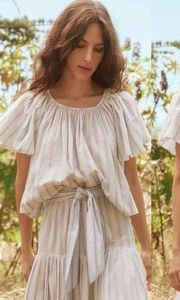 The Great. Blue Cotton Stripe Dale Flutter Sleeves Gathered Top in Saltwater M