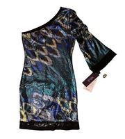 $285 NWT Hale Bob S Mini Dress Sequins Peacock One Shoulder Stretch Feathers