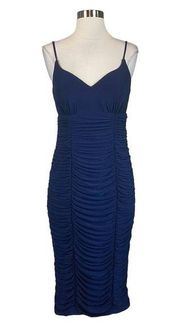 Women's Cocktail Dress Size 6 Blue Sleeveless Ruched Midi Sheath