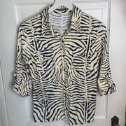 J. McLaughlin 3/4 Sleeve Button Down Cream Navy Zebra Print Blouse Top Sz M