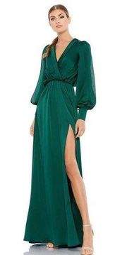 Mac Duggal  Deep Emerald Green Split Bishop Sleeve Slit V-Neck Maxi‎ Dress NWT 2