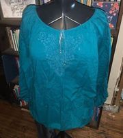 Lane Bryant teal embroidered flowy 14 peasant blouse