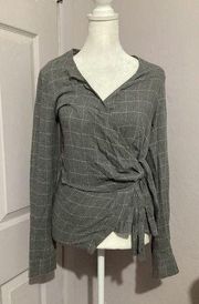 Derek Lam 10 Crosby Wrap Blouse Women's 4 Gray Check Long Sleeve Tie Bow