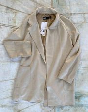 Zara Womens Size S Beige Faux Suede Blazer Open Trench Coat Pockets