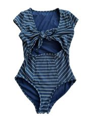 Athleta French Stripe Navy Blue Tie Front Cut-Out Swimsuit Size Small Womens