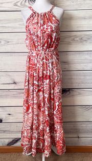 Red & White Paisley Patterned Maxi Dress