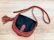 Joe's Jeans Red Leather Crossbody Saddlebag with Calf Hair Front Flap