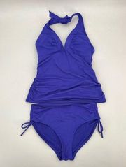 Athleta Tankini Swimsuit Sz S Purple Halter Ruched V-Neck Bikini Bottom