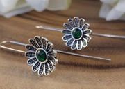 Boutique Boho Festival Brushed Old Silver Emerald Daisy Drop Earrings