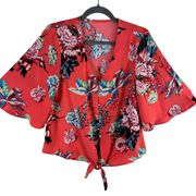 Pink Floral Lightweight Kimono V-Neck Button Up Tie Front Blouse Size S