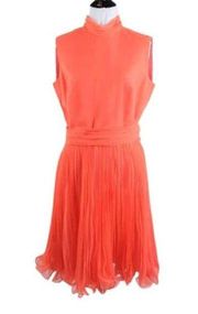Vintage 1960s Coral Jack Bryan By Dupuis Dress with Pleated Skirt Medium