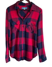 Buttons Women Flannel Top Collared Long Sleeve Button Up Medium Blue Red Plaid