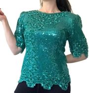 Scala Vintage Deadstock Green Sequin Silk Blouse Size Medium