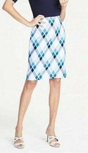 linen pencil skirt White Argyle plaid print size 14