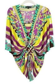 Rampage Womens Vintage Y2K Ruched Boho Mixed Print Babydoll Blouse Size S