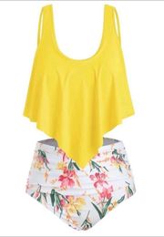 Boutique NEW Yellow/White Floral Ruched High Waist 2 Piece Swimsuit