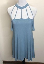 She+sky open chest cold shoulder light blue long body tee shirt