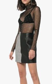 Heron Preston High Neck Rhinestone Mesh Leather Wool Mini Dress Size Small