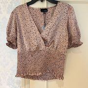 Lucy Paris Top | Blush Pink and Navy Blue Polka Dot Blouse