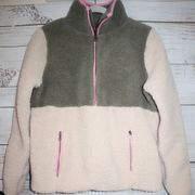 Boden Greta Fleece Sherpa Zip Pullover Cream Olive Green Sz 8