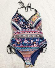 Johnny Was ALAINA SIDE DRAWSTRING ONE PIECE Blue Hatler Swimsuit Size small s