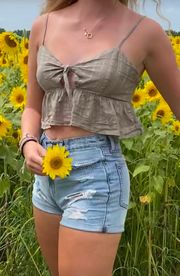 green polka dot tie front crop top