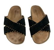 Ulla Johnson Black Suede Beaded Criss Cross Cork Slide Sandals