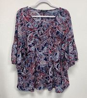 Roz & Ali womens Blue Red White Paisley Bell Sleeves 100% Nylon Blouse Top 3X