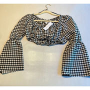 Topshop‎ Womens Gingham Summer Crop Top Flare Sleeve Black White Print Size 4P