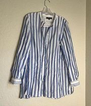 Lafayette 148 Cotton Button Front Shirt Top Size L Blue White Striped