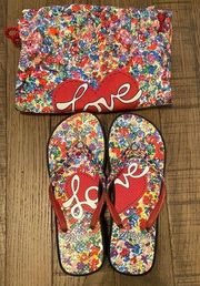 Brighton LOVE Posies platform flip flops with bag