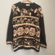 Vintage Floral Knit Cotton Granny Sweater Medium Black 90s