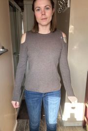 Brown Ribbed Cold Shoulder Sweater