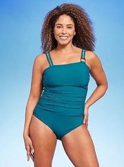 Women's UPF 50 Double Strap Asymmetrical One Piece Swimsuit Aqua Green 17 NWT