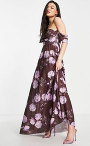 Brown Floral Pleated Strapless Maxi Dress