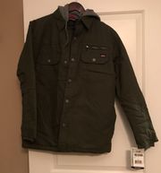 NWT  Shacket Canvas Zip Up Snap Jacket Shirt Workwear Green Olive OD Hooded Hoodie