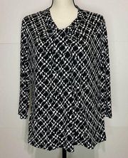 Jones New York Sz XL Geometric Print Long Sleeve Knot Neck Blouse Black White