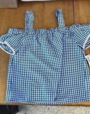 BCX BLUE CHECKED COLD SHOULDER SEERSUCKER TOP WOMENS SIZE M NEW