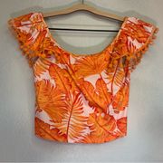 Kortni Jeane Flounce Top Ruffle Orange Palm Print Swim Top Size Small